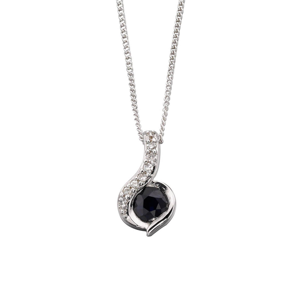 Blue Sapphire and Diamond Swirl Pendant in 9ct White Gold | Gecko