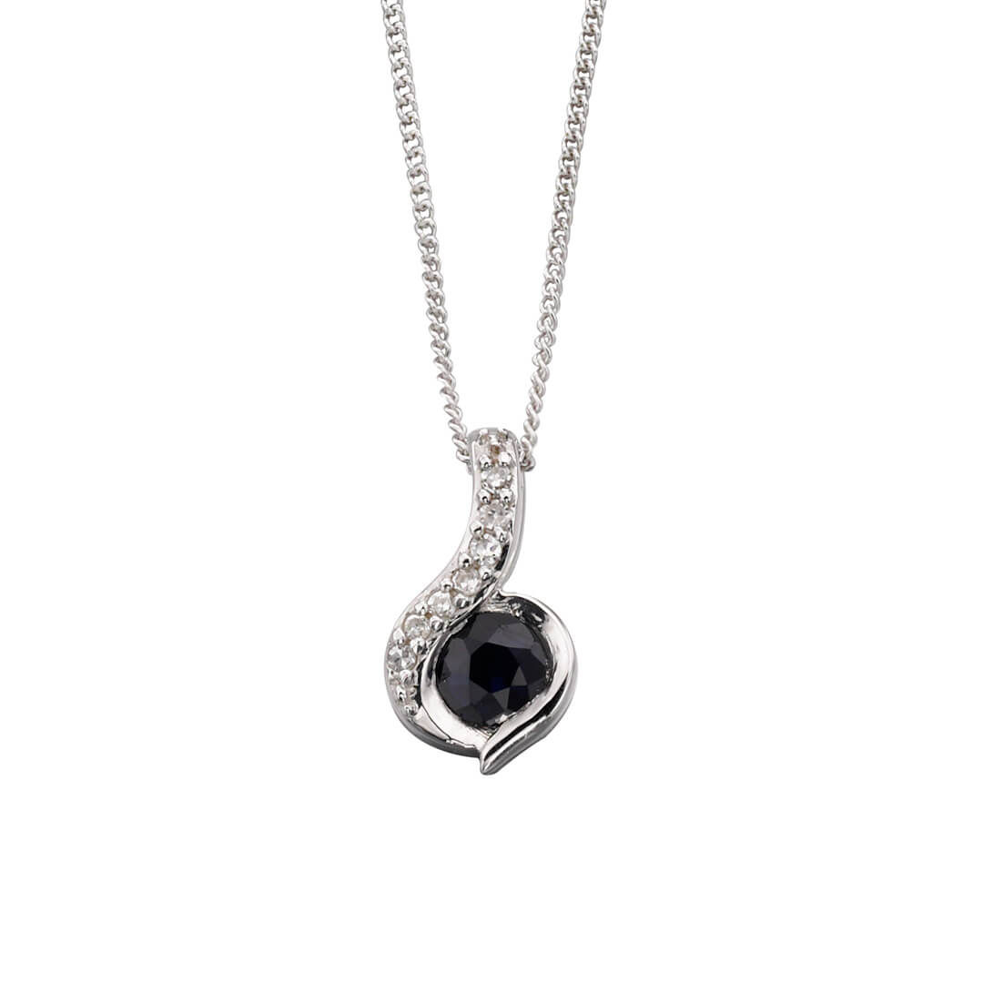 Blue Sapphire and Diamond Swirl Pendant in 9ct White Gold | Gecko