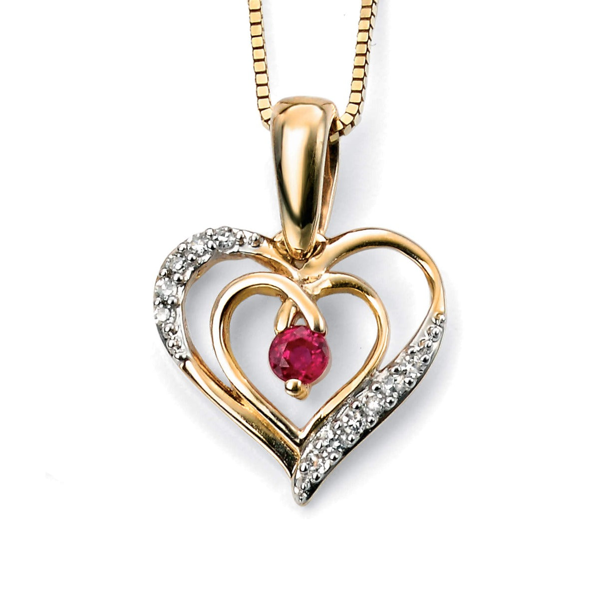 Gecko Jewellery Open Heart Pendant | Ruby and Diamond 9ct Yellow Gold