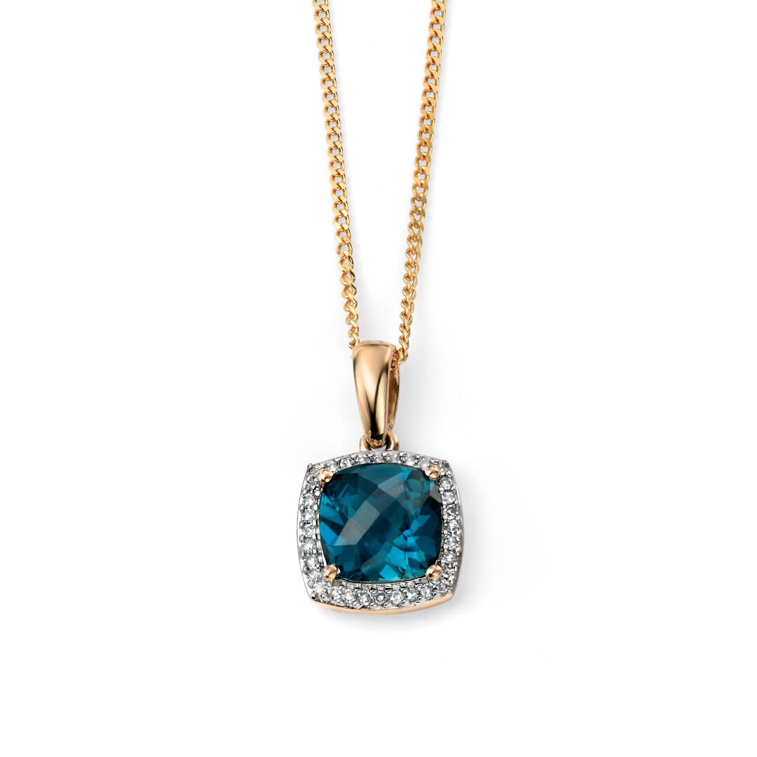 Gecko London Blue Topaz & Diamond Checkerboard Pendant in 9ct Gold
