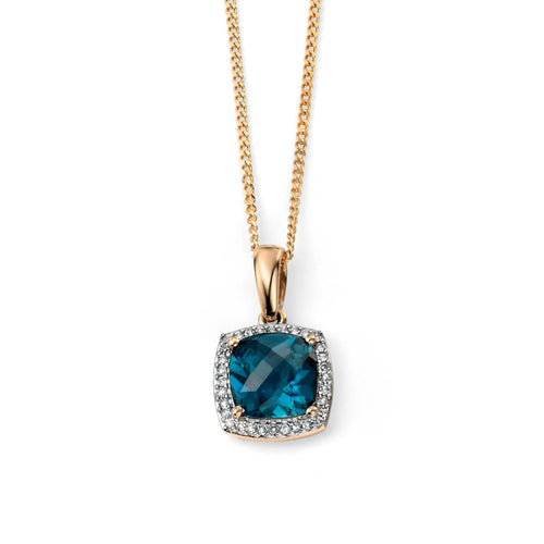 Gecko London Blue Topaz & Diamond Checkerboard Pendant in 9ct Gold