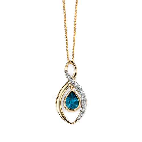 Gecko London Blue Topaz & Diamond Twist Teardrop Pendant in 9ct Gold