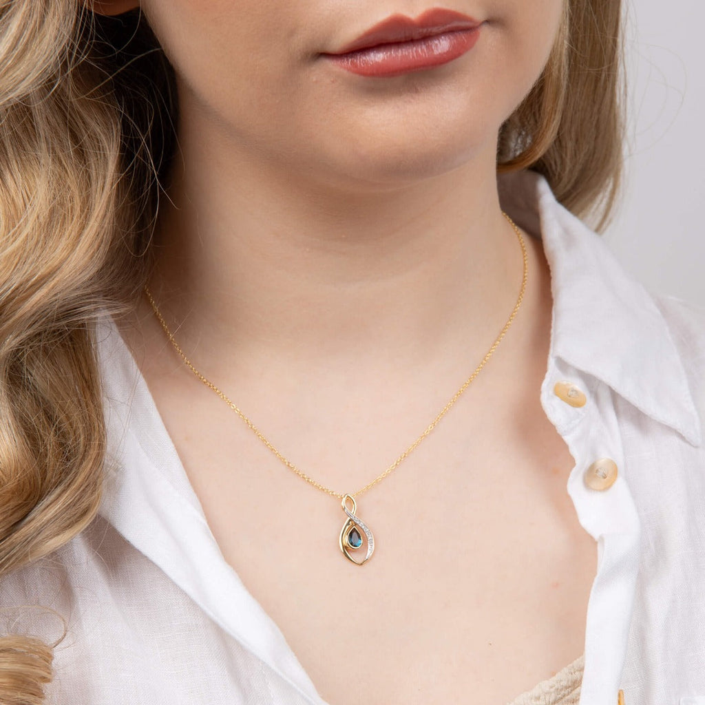 Gecko London Blue Topaz & Diamond Twist Teardrop Pendant in 9ct Gold