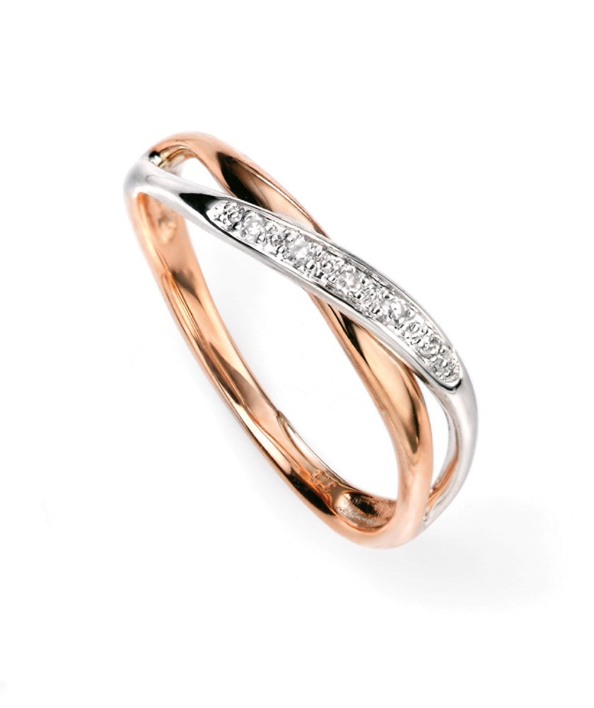 Gecko Jewellery 9ct White & Rose Gold Twist Ring with Pave Diamonds