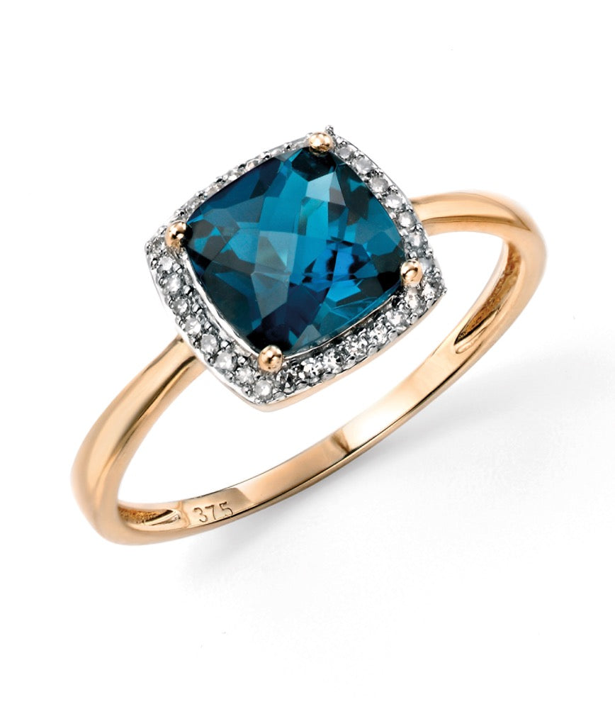 Gecko London Blue Topaz & Diamond Checkerboard Ring in 9ct Gold