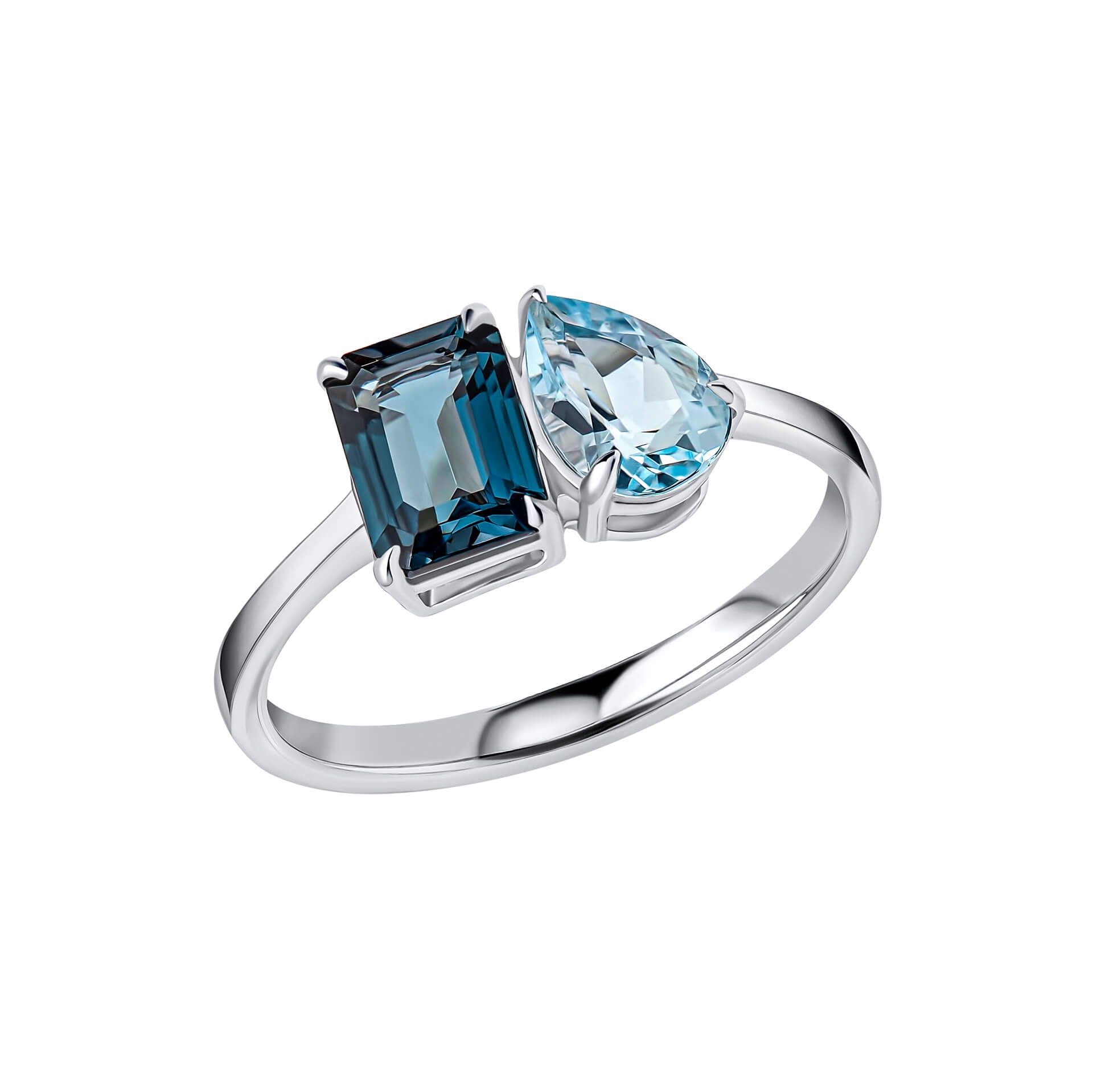 Gecko Jewellery Toi et Moi London & Sky Blue Topaz 9ct White Gold Ring