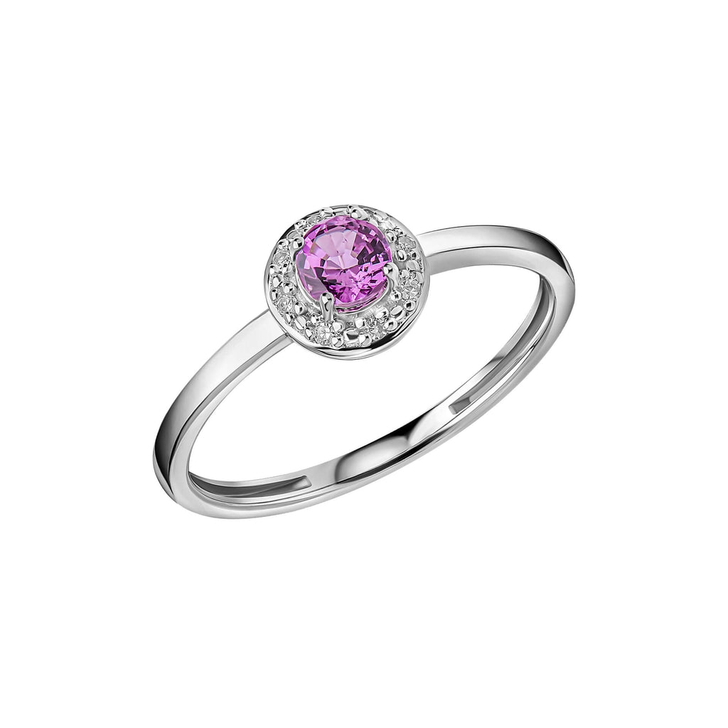 Gecko Jewellery Pink Sapphire and Diamond Halo Ring in 9ct White Gold