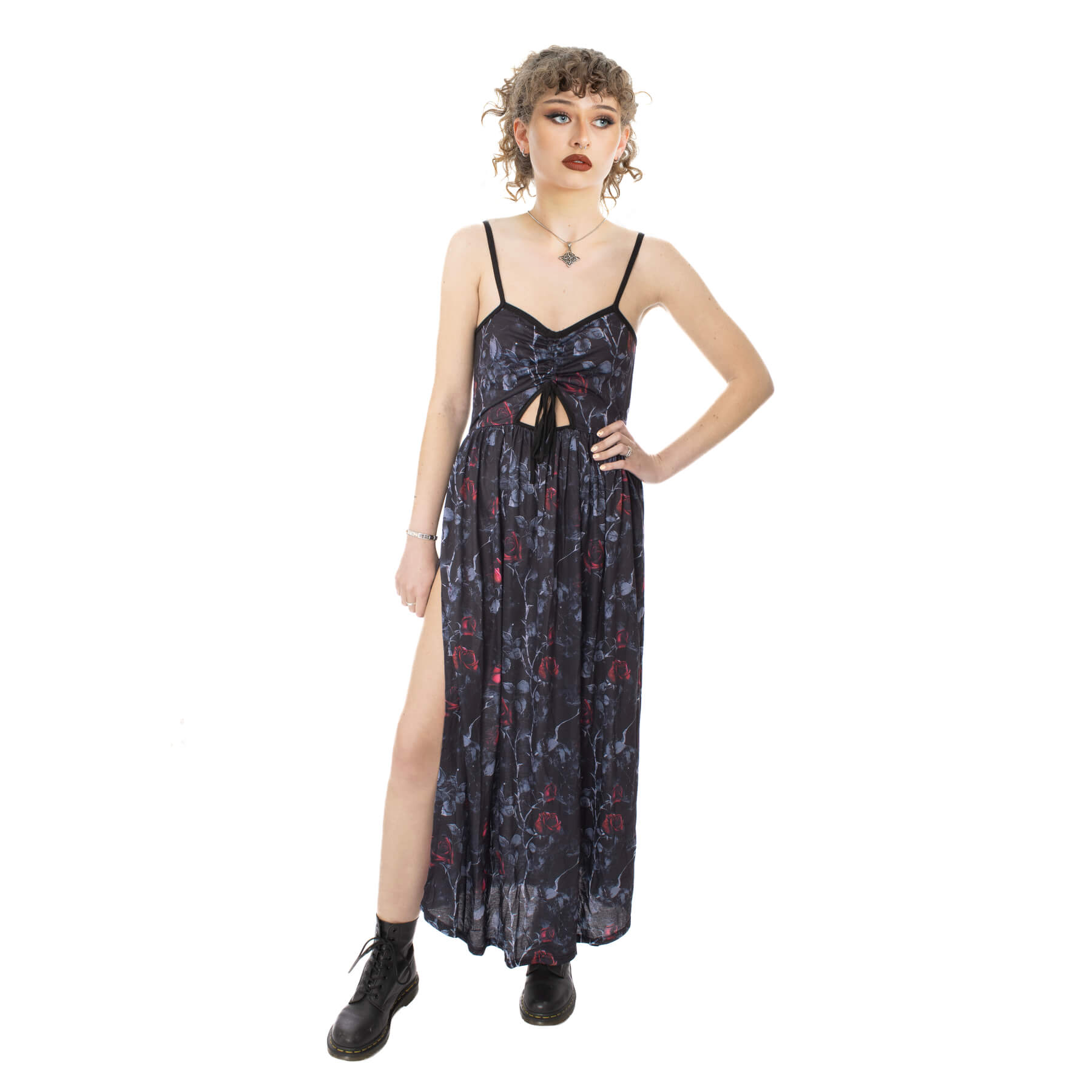 Vixxsin Graveyard Bloom Gothic Floral Maxi Dress with Front Slit