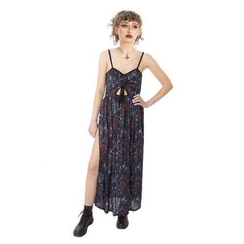 Vixxsin Graveyard Bloom Gothic Floral Maxi Dress with Front Slit