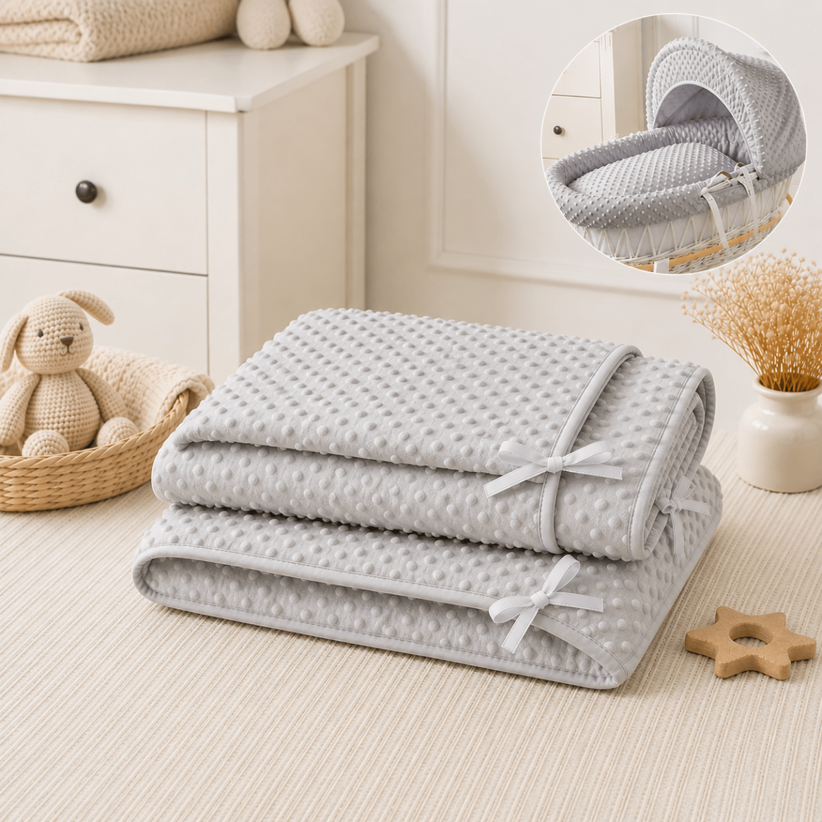 For Your Little One Grey Dimple Moses Basket Bedding Set – 3 Piece