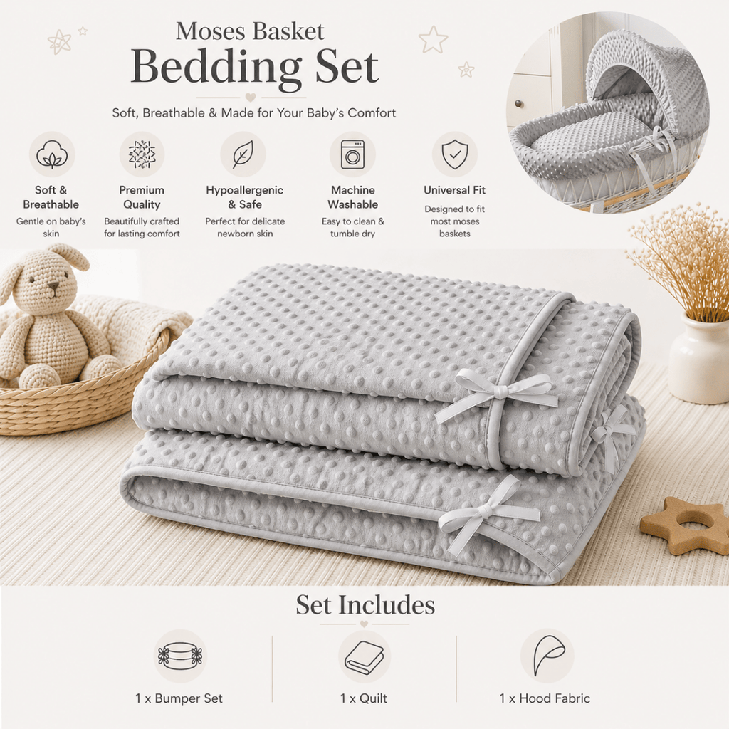 For Your Little One Grey Dimple Moses Basket Bedding Set – 3 Piece
