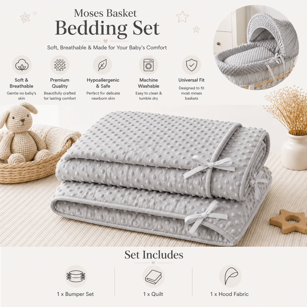 For Your Little One Grey Dimple Moses Basket Bedding Set – 3 Piece