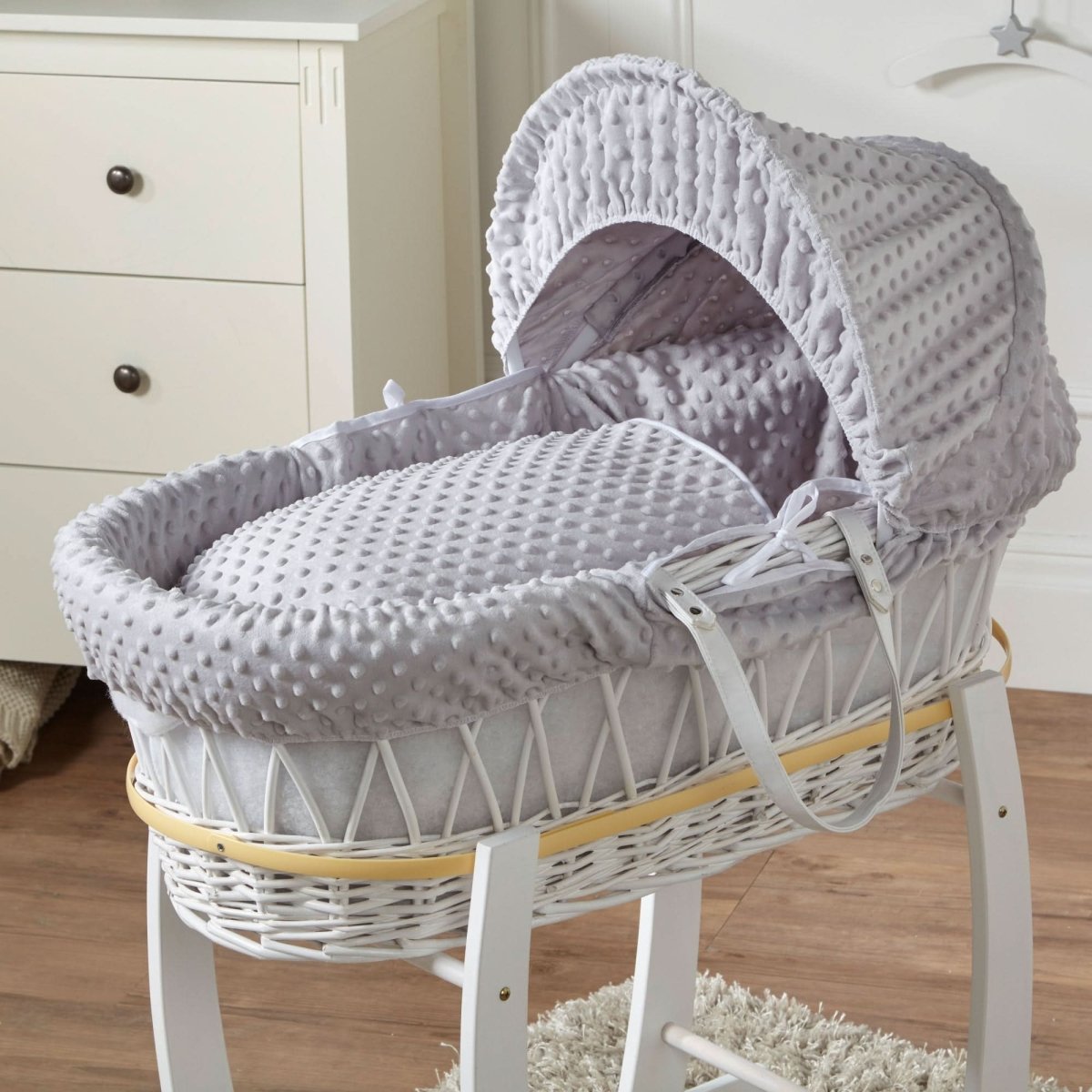 For Your Little One White Wicker Moses Basket & Stand – Grey Dimple