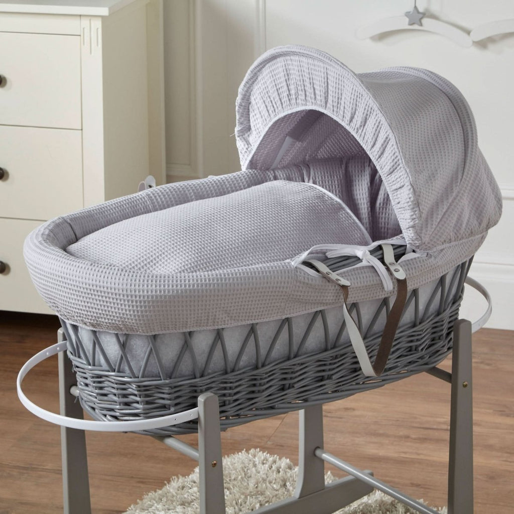 For Your Little One Grey Wicker Moses Basket with Stand | Waffle Bedding