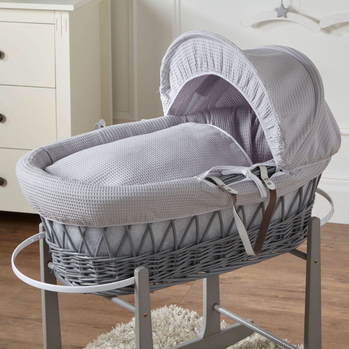 For Your Little One Grey Wicker Moses Basket with Stand | Waffle Bedding