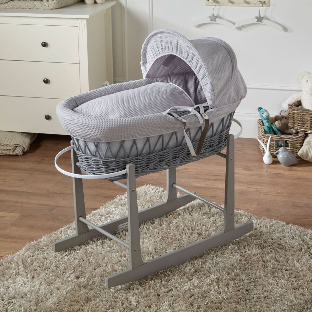 For Your Little One Grey Wicker Moses Basket with Stand | Waffle Bedding