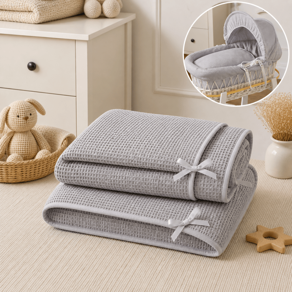 For Your Little One Grey Waffle Moses Basket Bedding Set – 3 Piece