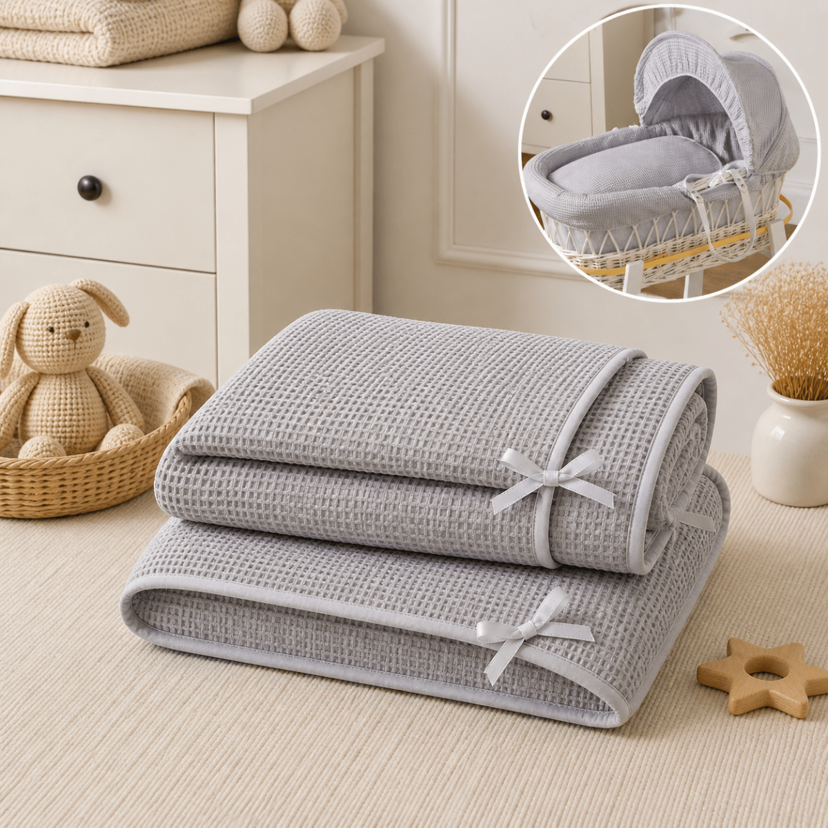 For Your Little One Grey Waffle Moses Basket Bedding Set – 3 Piece