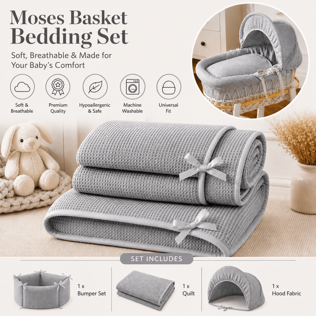 For Your Little One Grey Waffle Moses Basket Bedding Set – 3 Piece