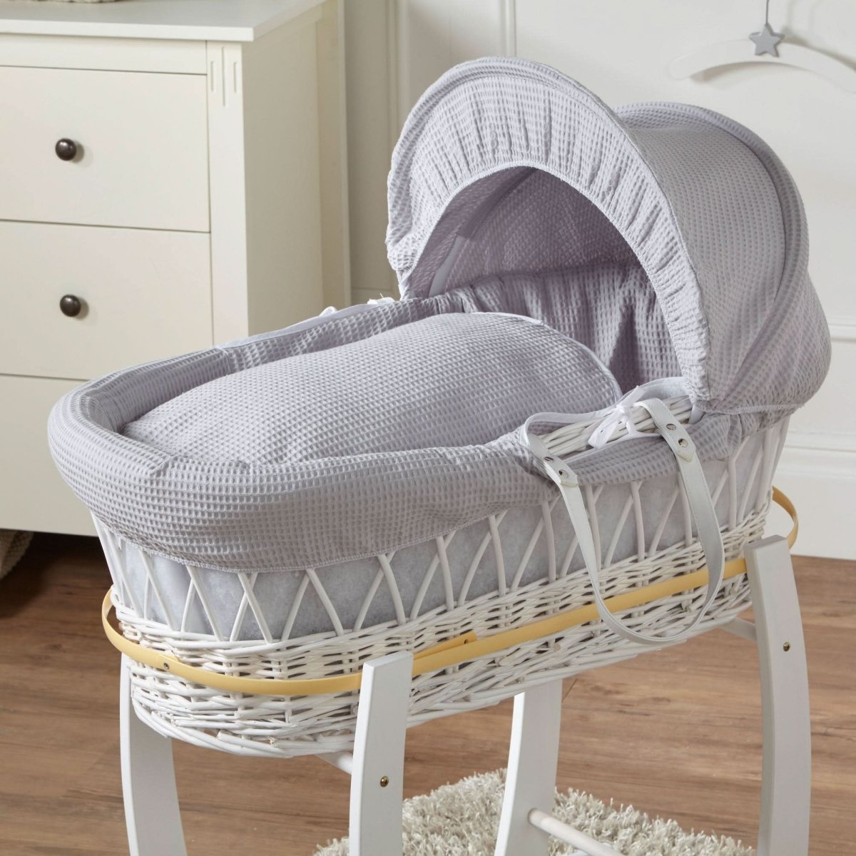 For Your Little One White Wicker Moses Basket & Stand - Grey Waffle