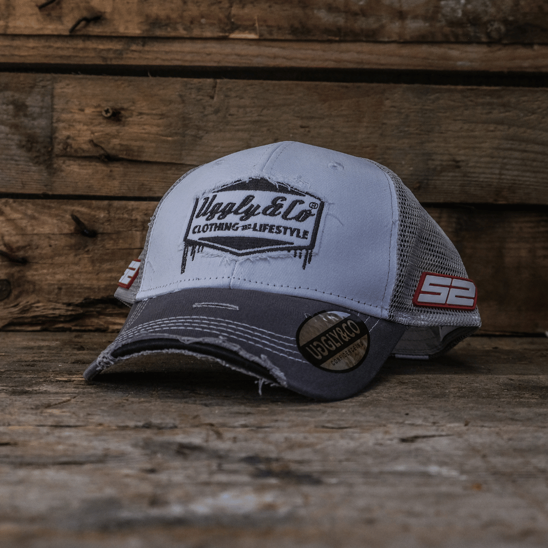 Uggly and Co Diamond Trucker Hat – Vintage Grey & White Distressed Cap