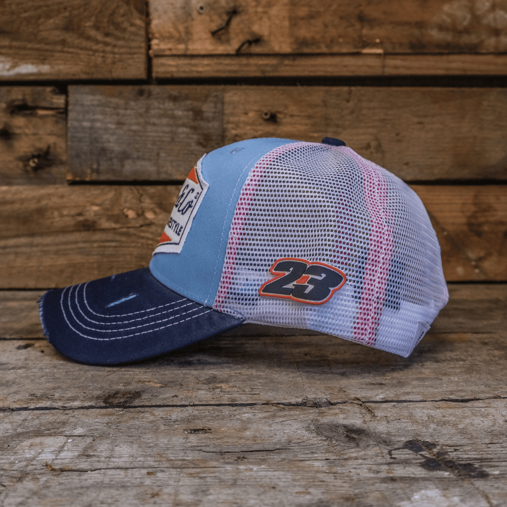 Uggly & Co Gulf Racing Trucker Hat – Retro Blue & Orange Diamond Cap