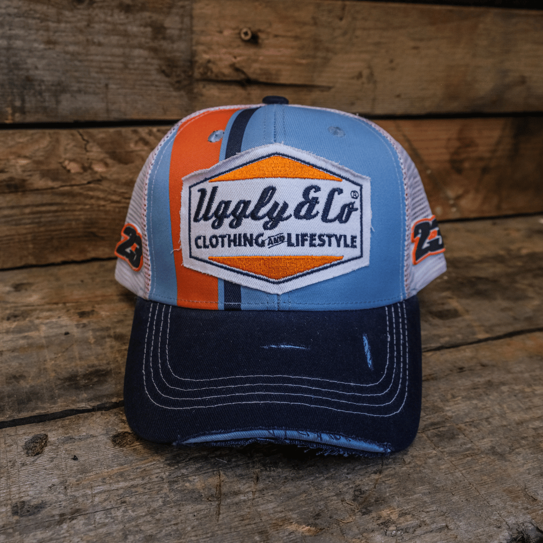 Uggly & Co Gulf Racing Trucker Hat – Retro Blue & Orange Diamond Cap