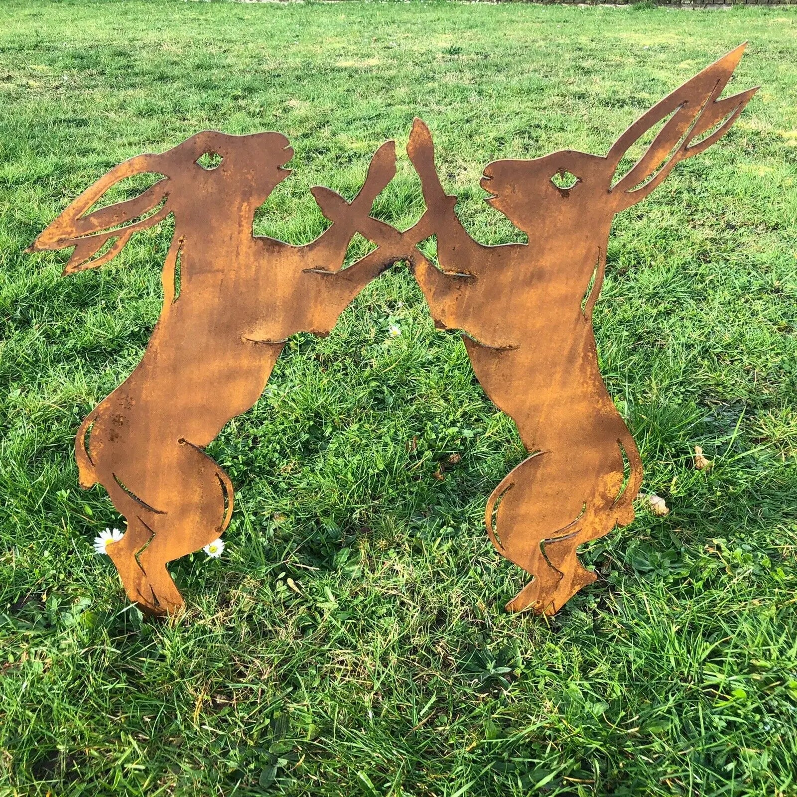 Rustic Metal Boxing Hares Garden Statue | 75cm Steel Lawn Decor