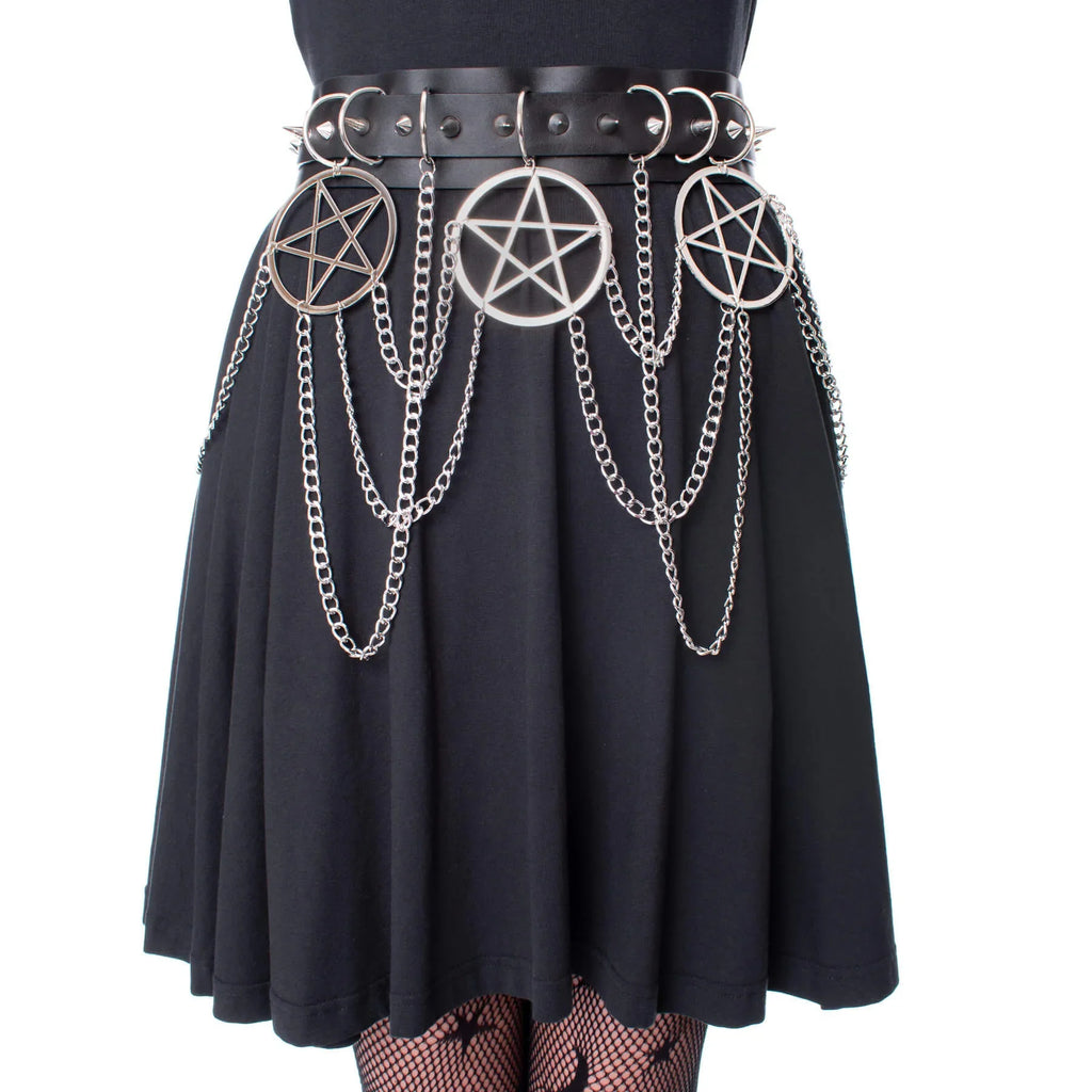 Heartless Hellbound Black Gothic Belt with Pentagrams and Chains