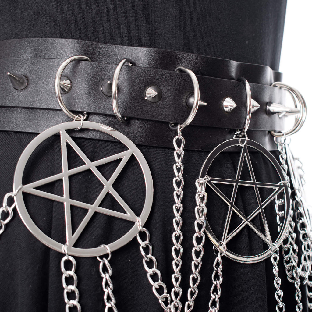 Heartless Hellbound Black Gothic Belt with Pentagrams and Chains