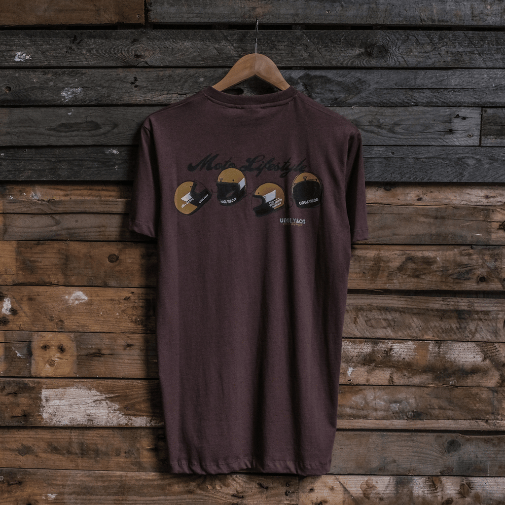 Uggly and Co Brown Helmet Graphic Tee – Heavyweight Cotton Moto Shirt
