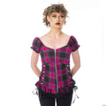 Heartless Hemlock Gothic Corset Top – Dark Pink Check Punk Zip Top