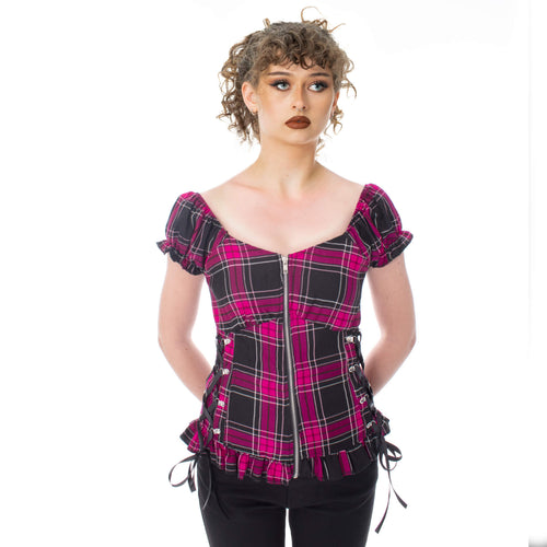 Heartless Hemlock Gothic Corset Top – Dark Pink Check Punk Zip Top