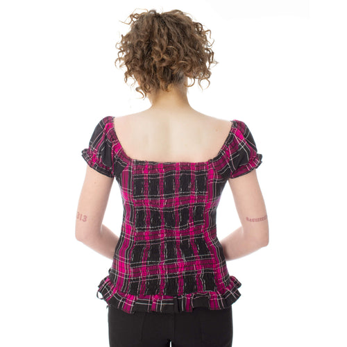 Heartless Hemlock Gothic Corset Top – Dark Pink Check Punk Zip Top