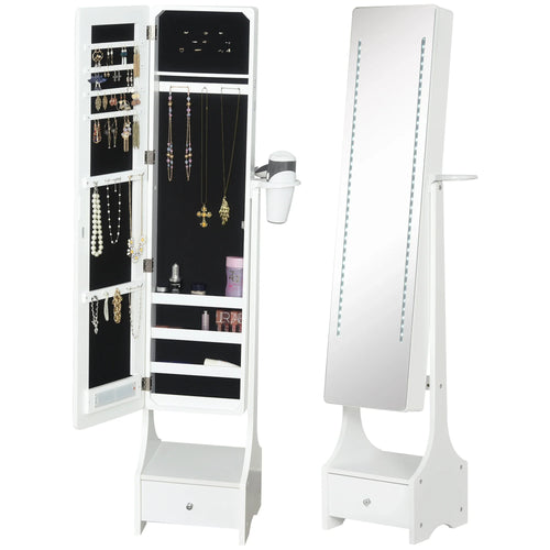 HOMCOM Freestanding Jewellery Storage Mirror Armoire with LED Lights, Hooks & Drawer