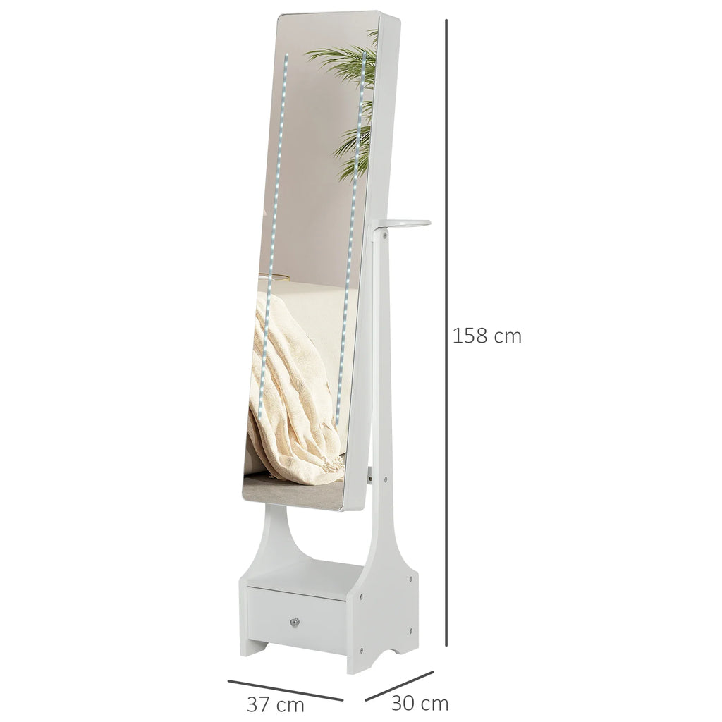 HOMCOM Freestanding Jewellery Storage Mirror Armoire with LED Lights, Hooks & Drawer