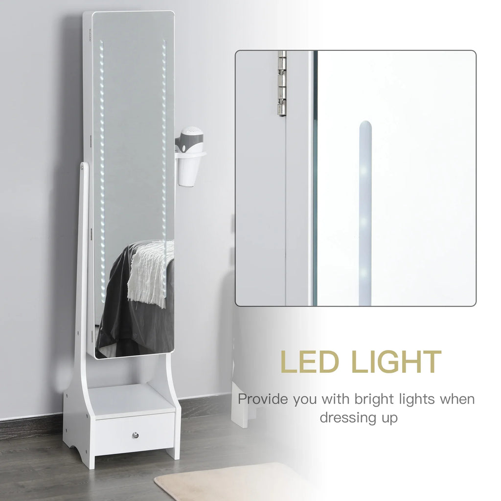 HOMCOM Freestanding Jewellery Storage Mirror Armoire with LED Lights, Hooks & Drawer