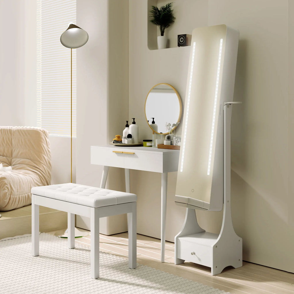 HOMCOM Freestanding Jewellery Storage Mirror Armoire with LED Lights, Hooks & Drawer