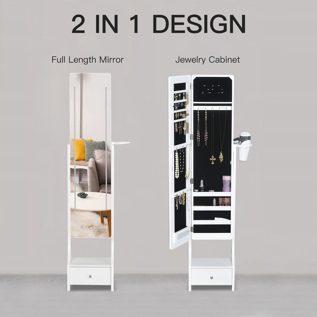 HOMCOM Freestanding Jewellery Storage Mirror Armoire with LED Lights, Hooks & Drawer