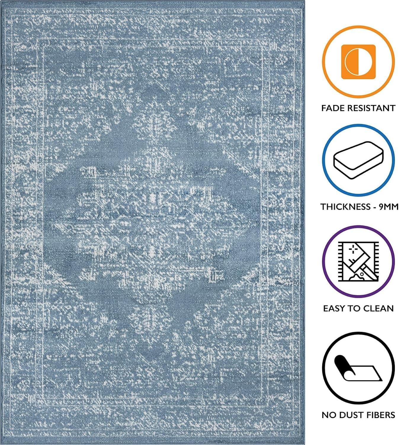 HomeArt Modern Short Pile Rug – Dark Blue Bordered Living Room Carpet