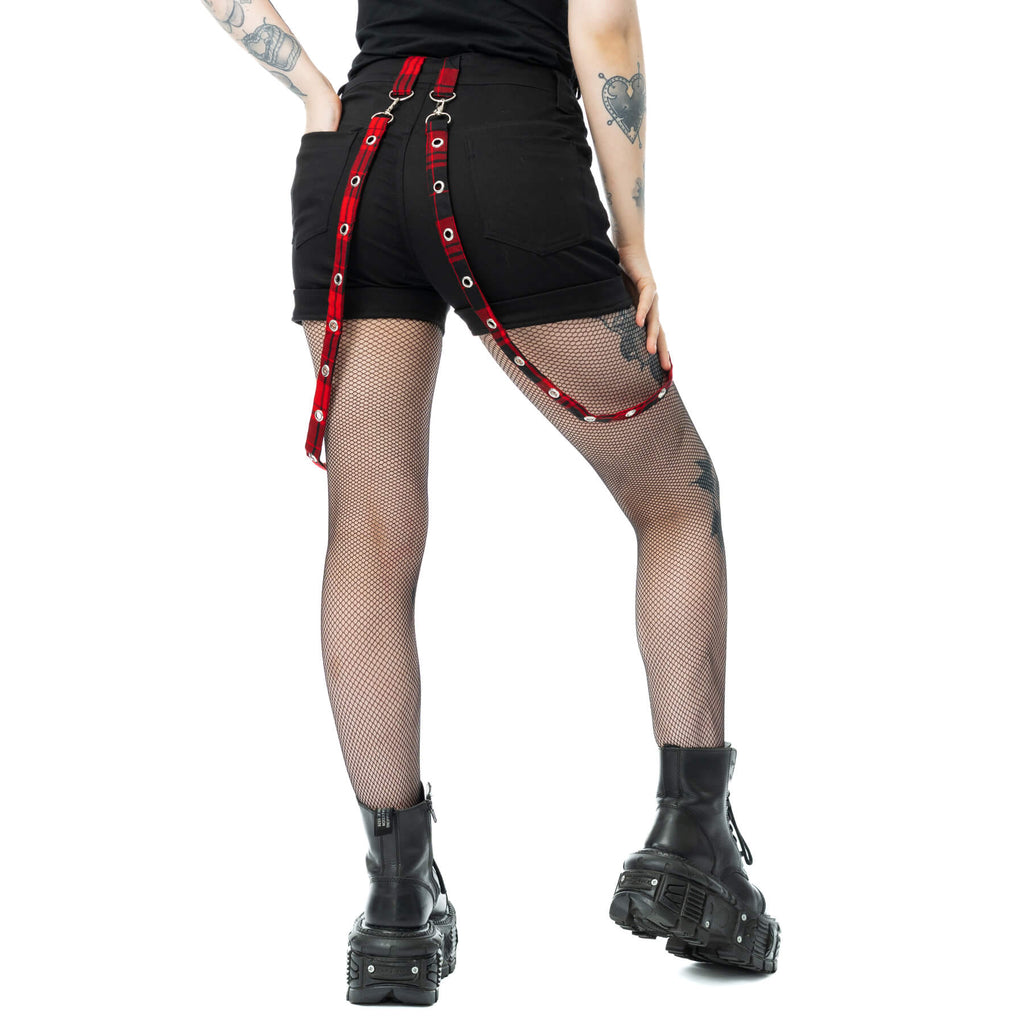 Heartless Honora Punk Shorts | Black and Red Check Tartan with Straps
