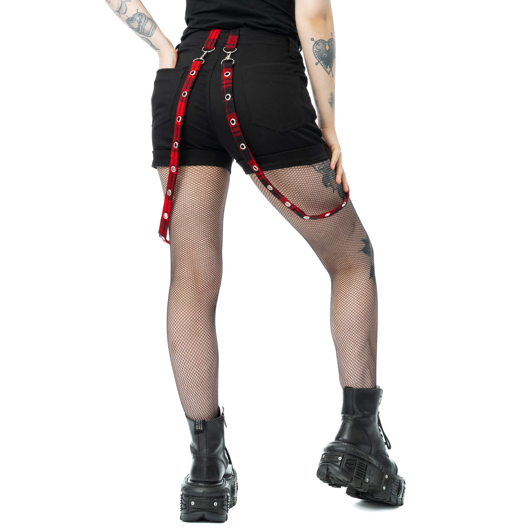 Heartless Honora Punk Shorts | Black and Red Check Tartan with Straps