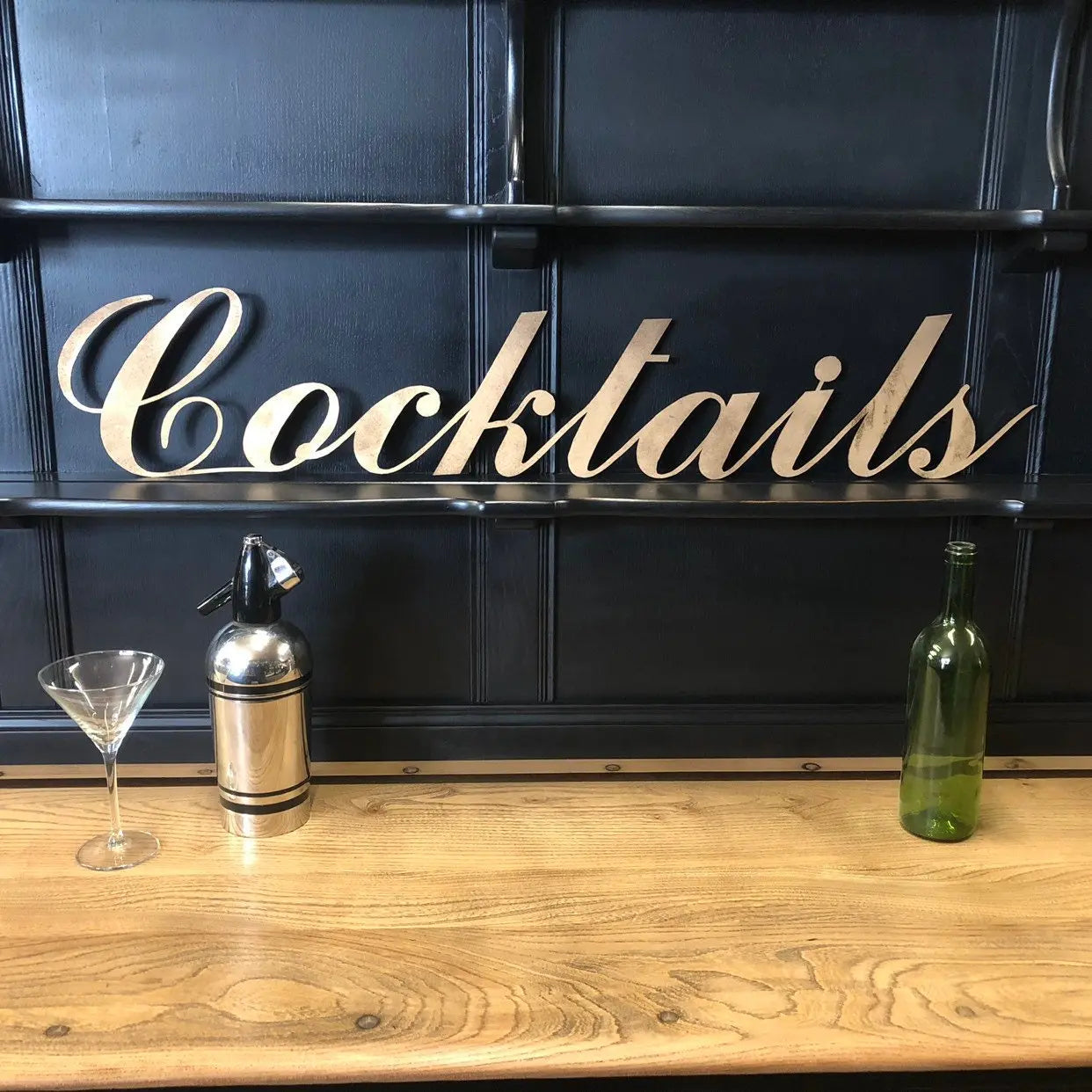 Cocktails Metal Wall Sign – Distressed Gold Steel Decor | Rustic Warehouse
