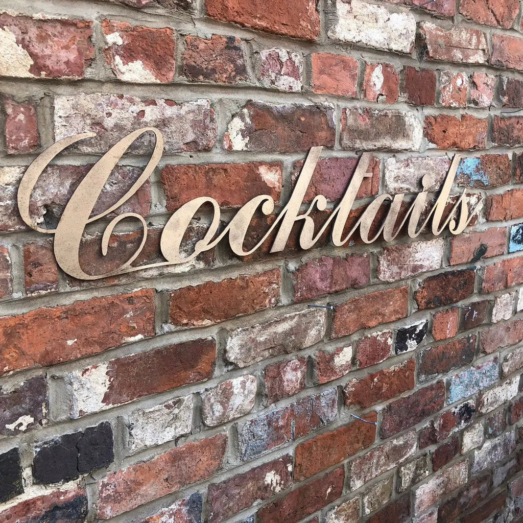 Cocktails Metal Wall Sign – Distressed Gold Steel Decor | Rustic Warehouse