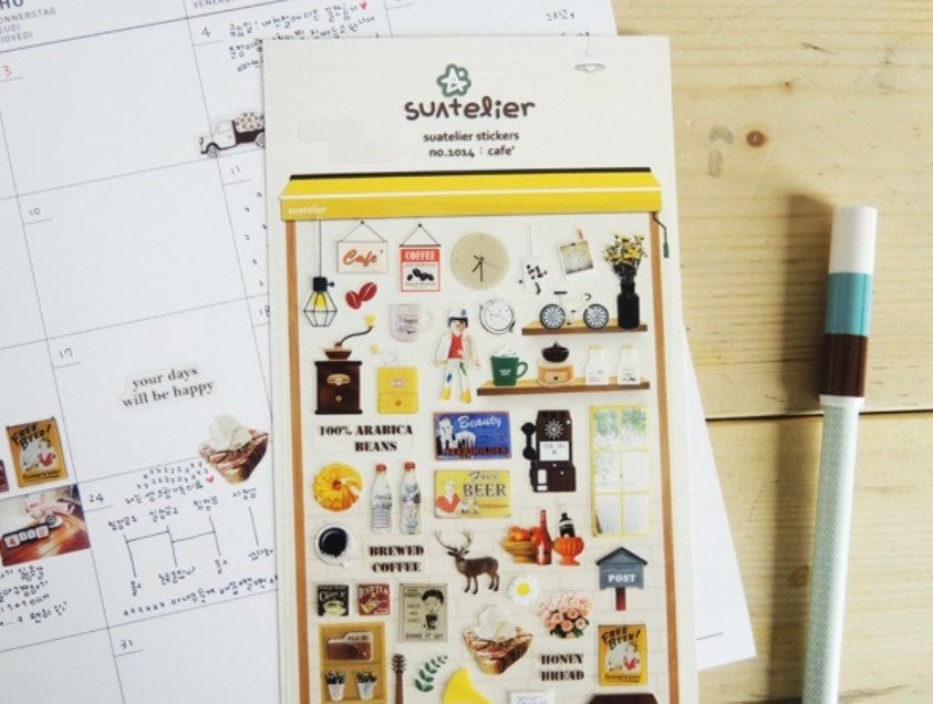 Suatelier Cafe Decorative Sticker Sheet for Journaling and Scrapbooking
