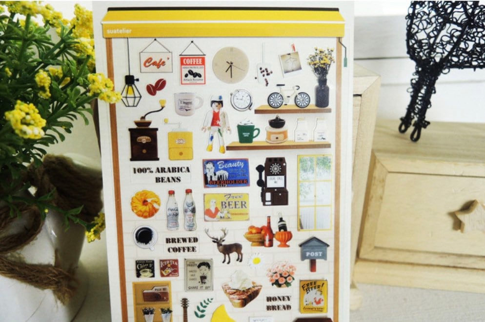 Suatelier Cafe Decorative Sticker Sheet for Journaling and Scrapbooking