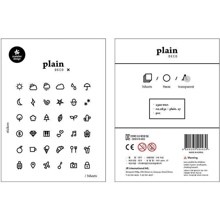 Suatelier Plain.27 Decorative Korean Stickers for Journaling - 3 Sheets