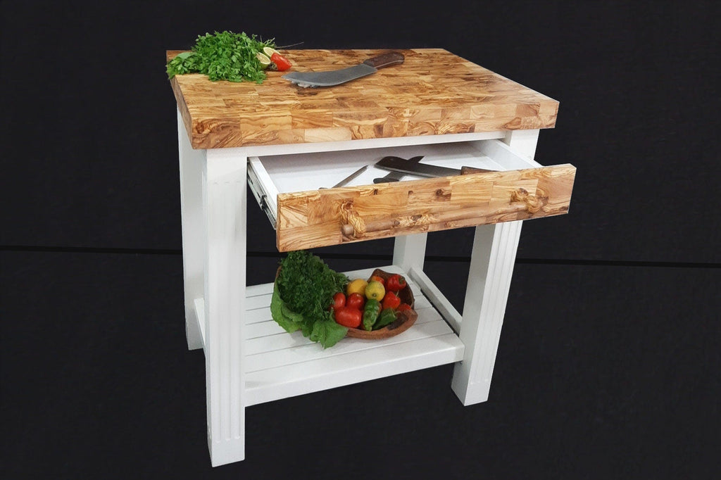 Olive Wood Scratch Resistant Solid Food Prep End Table Butcher Block / Kitchen Cart With Storage & Shelves