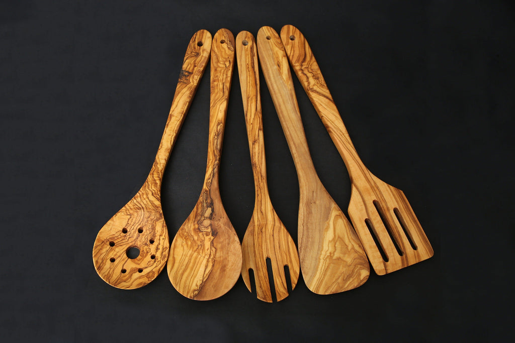 Olive Wood Hanging Cooking Utensils Set 35 cm With Rack