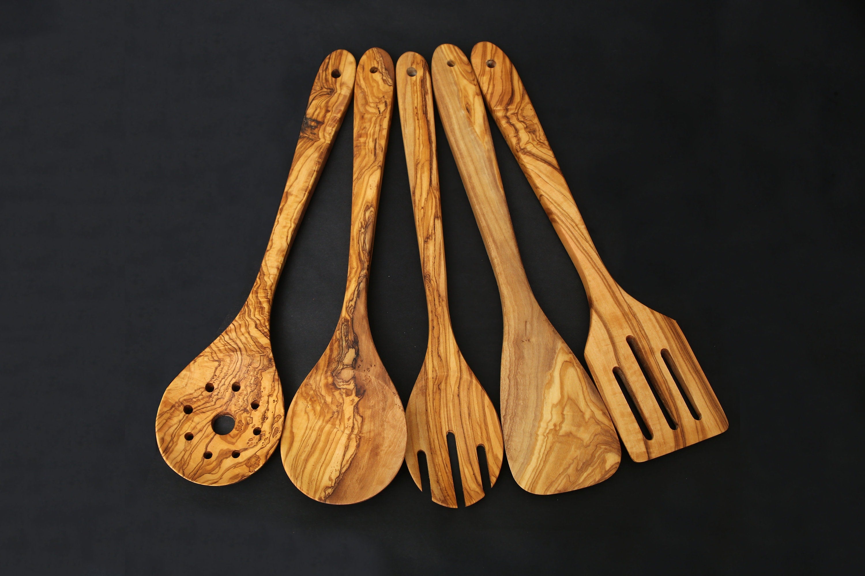 Olive Wood Hanging Cooking Utensils Set 35 cm With Rack